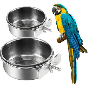 Bol pour oiseaux en acier inoxydable pour perroquets et oiseaux de compagnie, couleur argent, forme arrondie avec fixation par pince - Product Image 1