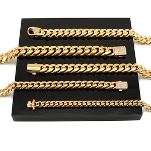 New Trending Locks Catch Customizable 14K 18K Diamond Hip Hop Jewelry Cuban Link Chain Gold Plated Stainless Steel Necklace