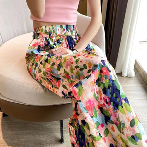 Pantalon de plage ample jambe large pantalon femme bord de mer loisirs INS taille haute pantalon court droit pantalon fleuri 2024 été nouveau - Product Image 5