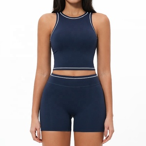 Ensemble <span class=keywords><strong>de</strong></span> <span class=keywords><strong>yoga</strong></span> et fitness pour femmes avec logo personnalisé, effet seconde peau, soutien élevé, soutien-gorge <span class=keywords><strong>de</strong></span> sport et short, surpiqûres contrastées, 2 pièces, <span class=keywords><strong>tenue</strong></span> <span class=keywords><strong>de</strong></span> sport pour la gym - Product Image 4
