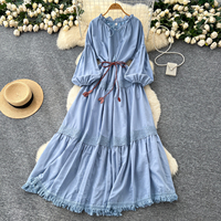 Robe longue décontractée pour femme, coupe trapèze, en dentelle, à franges, manches 3/4, ample, avec ceinture à nouer, pour le quotidien et les vacances