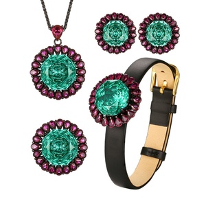 Fashion Eco-friendly Copper Leather Women's <b>Bracelet</b> <b>Set</b> 16-10mm Paraiba Green Cubic Zirconia Vintage Matching Jewelry <b>Set</b> - Product Image 1