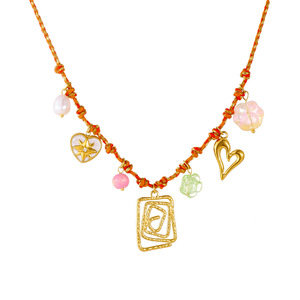 Cross Border Summer Square Hollow Heart Flower Dog Paw Pendant Necklace Zinc Alloy DIY Colored Rope Knotted Gift Jewelry - Product Image 5