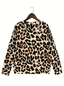 <span class=keywords><strong>Pull</strong></span> en <span class=keywords><strong>maille</strong></span> respirant à imprimé léopard pour <span class=keywords><strong>femme</strong></span>, collection 2026, col en V, <span class=keywords><strong>maille</strong></span> ajourée, patchwork, 100 % polyester, décontracté, numérique - Product Image 5