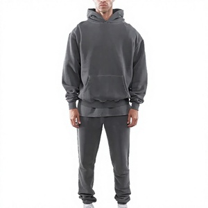 Men Gray Hooded Sweatshirt and Sweatpants Tracksuit Full Sleeve Solid Color Casual Wear 100% Cotton Midweight Autumn <b>Outfit</b> - Product Image 2