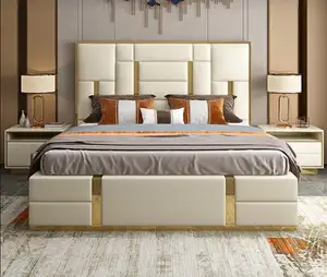 英国のモダンなベッドルームの家具イタリアンヌバックレザーキングサイズベッド高級ベッドルームセット