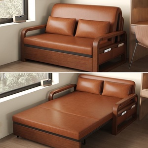 New Model Chinese-Style <strong>Folding</strong> Extendable Sofa <strong>Bed</strong> Oil Wax Leather Dual-Use <strong>Double</strong>-Seater Living Room Push-Pull Mechanism Wood - Product Image 2