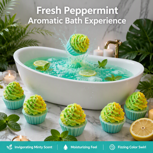 Lot <span class=keywords><strong>de</strong></span> 6 bombes <span class=keywords><strong>de</strong></span> <span class=keywords><strong>bain</strong></span> effervescentes en forme <span class=keywords><strong>de</strong></span> cupcake à la menthe poivrée, 70g, naturelles, faites à la main, vert et jaune, avec un dessus fouetté et des paillettes, OEM ODM - Product Image 5
