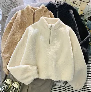 Pull court en maille pour <span class=keywords><strong>femme</strong></span>, style coréen décontracté, en polaire sherpa, avec demi-fermeture éclair et <span class=keywords><strong>capuche</strong></span>, <span class=keywords><strong>chaud</strong></span>, pour l'automne et l'hiver - Product Image 1