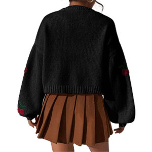 Ladies Casual Short Knit <strong>Tops</strong> Wholesale Wool Cardigan Jacket with <strong>Cherry</strong> Embroidery Short Sweater - Product Image 4