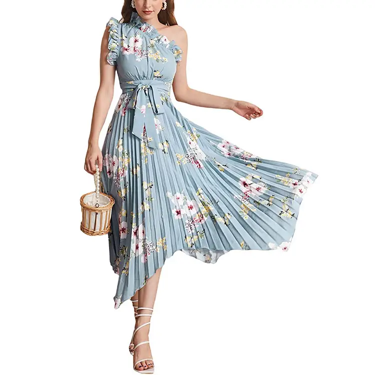 Special Cutting Boho Floral Ruffle Trim Midi Skirt Dresses One Shoulder Sleeveless Hanky Hem Belted Pleated Long Dress Custom
