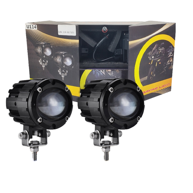 70W High Power Motorcycle LED Headlight Projector Lens Dual Color Auxiliary Spotlight Lamp Yellow Light ATV Scooter Racer 12V