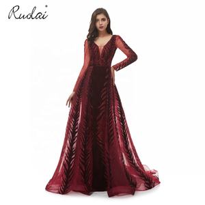 Ruolai PEV-L3147 lusso <span class=keywords><strong>Tulle</strong></span> velluto <span class=keywords><strong>pizzo</strong></span> maniche lunghe sirena festa abiti da sera donna - Product Image 1