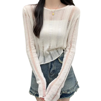 Haut en maille ajourée unie pour femme, coupe ajustée et fine, idéal printemps-été, style décontracté, pull-over en maille.