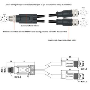 Cable Divisor HangTon M12 de 8 Pines con Código A, Blindado, para Sensor Industrial, Cámara, Actuador, Conector Profibus - Product Image 4