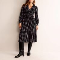 Robe midi plissée décontractée à pois pour femmes, robe élégante froncée à manches longues avec nœud frontal et balançoire
