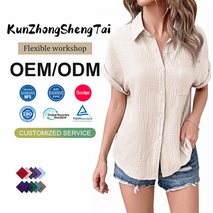 Camisa de talla grande para mujer con cuello y botones, mangas cortas con puños, bolsillo en el pecho, corte holgado, blusa de verano - Product Image 1