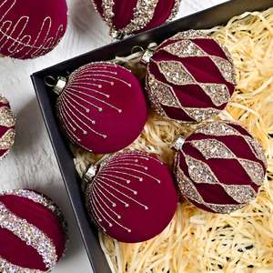 Boules de Noël décoratives de luxe en plastique floqué avec strass, 2 couleurs, fabriquées à la machine, à suspendre pour sapin de Noël - Product Image 4