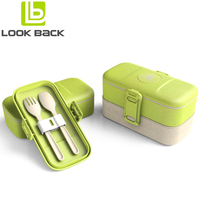Boîte à lunch bento japonaise de 1 L, double couche, sans BPA, en paille de blé, compatible micro-ondes, avec couverts, étanche, type tiffin