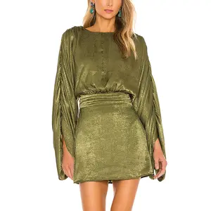 Robe froncée à manches cloche et taille plissée, nouvelle marque, de couleur vert olive,