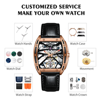 Montre mécanique automatique tendance, boîtier tonneau, cuir, étanche, fond transparent, cadran squelette, jeune et élégante