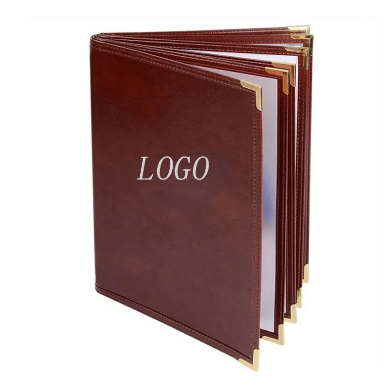 Custom Cafe PU Leather Menu Holder Include 4 Pages Transparent Menu Cover Inside