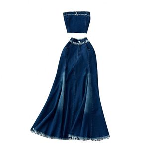 Y2K Summer <b>Sexy</b> 2-Piece <b>Set</b> for Women Sleeveless Solid Strapless Tube Top High Waist Woven Denim Skirt Breathable Anti-static - Product Image 5