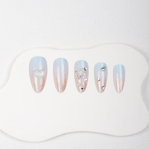 <span class=keywords><strong>Faux</strong></span> ongles à presser en amande, dégradé bleu rose, avec papillons, strass et perles, mignons et transparents, vente en gros, personnalisation disponible - Product Image 2