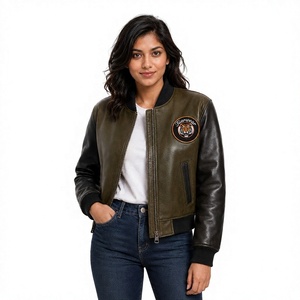 Veste bomber en cuir véritable pour femme Tiierwear avec logo tigre, fermeture éclair sur le devant, col montant, coupe-vent, couleur unie, automne - Product Image 1