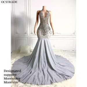 Ocstrade hochwertiges luxuriöses glitzerndes ärmelloses silbernes Strass-Ballkleid langes Ballkleid elegantes 2024 Party-Abendkleid
