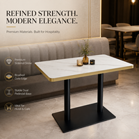 Table de salle à manger à bordure dorée brossée à vendre, surface en pierre frittée, idéale pour salles de conférence, espaces événementiels et hôtels, prix de gros
