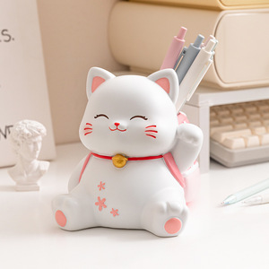 Figurine de <span class=keywords><strong>chat</strong></span> porte-bonheur en résine faite à la main, <span class=keywords><strong>Maneki</strong></span> <span class=keywords><strong>Neko</strong></span>, porte-pinceaux de maquillage, organisateur de bureau, cadeau pour filles, décoration de la maison et du bureau - Product Image 5
