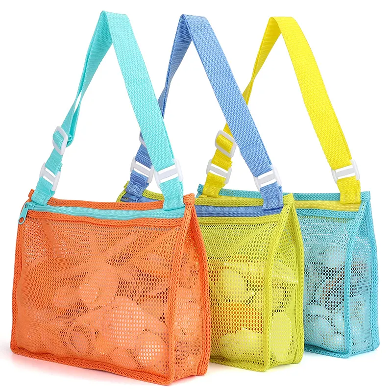 Custom Baby Kids Children Colorful Shell Toy Collecting Storage Mesh Beach Bag With Zipper