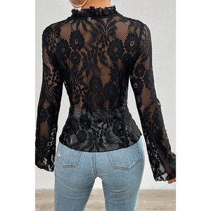 Dear-Lover New Fashion Designs <strong>Frilly</strong> Tie Front See-Through Floral Lace Blouse Women - Product Image 4
