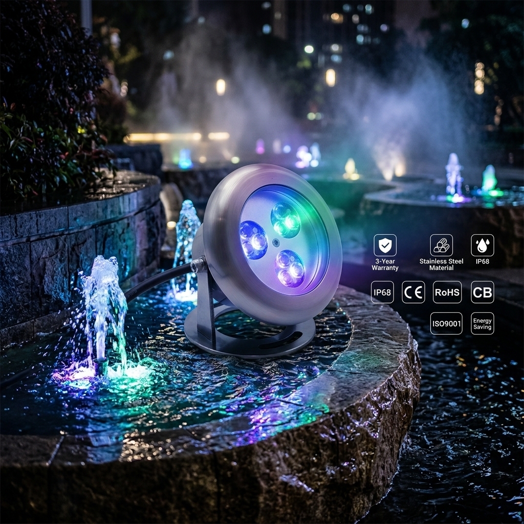 CE Waterproof High Brightness 9W Warm White Underwater RGB Swimming Pool Fountain Light for Pond Garden Water Feature Decoration