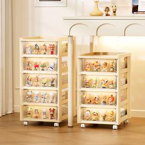 Moderno Mueble de Almacenamiento de Plástico Blanco Crema con Ruedas, Vitrina Transparente con Puerta Enrollable para Colección de Figuras - Product Image 1