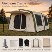 Tente cabane gonflable d'été 2x2m avec auvent, fenêtres en maille sur 3 côtés, tissu Oxford 300D blanc cassé avec garnitures vertes