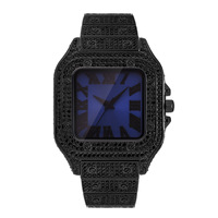 Montre pour homme tendance et originale, hip-hop, noire avec détails rouges, entièrement sertie de diamants