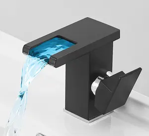 バスルーム水力LED滝蛇口シンク洗面器ミキサーデッキマウント固体真鍮水力洗面器タップ洗面器タップ