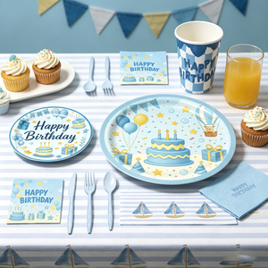 Kit de <span class=keywords><strong>Vajilla</strong></span> Desechable Azul para Cumpleaños de Niños, con Platos, Vasos, Servilletas, Cubiertos y Mantel para Baby Shower - Product Image 1