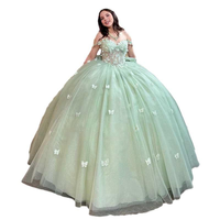Robes de Quinceanera robe de soirée Spaghetti sangle sans manches dos nu Trail 3D papillon dentelle décalcomanie douce robe de bal vert menthe