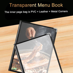 สมุดเมนูพีวีซีแบบ 2 ช่อง ขนาด A4 จากโรงงานโดยตรง ยี่ห้อ JINDA 4 หน้า 8.5x11 นิ้ว ใส มุมดำ/ทอง/เงิน สำหรับโรงแรม ร้านอาหาร - Product Image 5