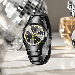 LIGE LG89267 reloj negro totalmente de cerámica para mujer pulsera cristal analógico cuarzo impermeable elegante vestido reloj regalo para damas - Product Image 4