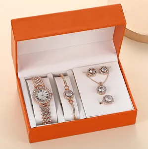 Модная Роскошная Подарочная коробка, полный набор часов с бриллиантами + браслет + кольцо + серьги, ожерелье, подарочный набор