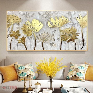Peinture à l'huile moderne <span class=keywords><strong>de</strong></span> <span class=keywords><strong>lotus</strong></span> doré peinte à la main par un artiste expert, sur toile <span class=keywords><strong>de</strong></span> haute qualité, avec bordure dorée, motif floral paysager <span class=keywords><strong>de</strong></span> nénuphar - Product Image 2