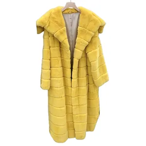 premium Natural striped fur Sailor collar X- Long Coat Elegant Women's Fur clothing rex Rabbit Jacket fur coat