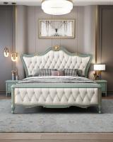 Cama Matrimonial Moderna de Lujo Tapizada en Cuero con Diseño Tufted, Estructura de Madera de Roble Macizo con Tallado Dorado, Muebles Ecológicos para Dormitorio