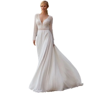 Elegant White Long Sleeve V Neck A Line Wedding Dress With Train Chiffon And Satin Fabric Natural Waistline Simple Design - Product Image 4