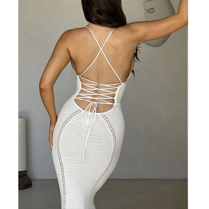 TW 2025 새로운 해변 원피스 섹시한 V-넥 멜빵 힙 스커트 등이없는 중공 스트랩 해변 니트 원피스 우아한 등이없는 수영복 - Product Image 2