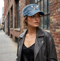 Cappello Cadet di Lusso Etnico a 5 Pannelli in Denim Vintage con Logo Personalizzato in Strass, Berretto Piatto Unisex alla Moda Casual